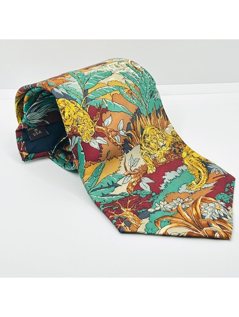 Vintage 90s Pure Silk Red Maroon Yellow Lion Print Necktie